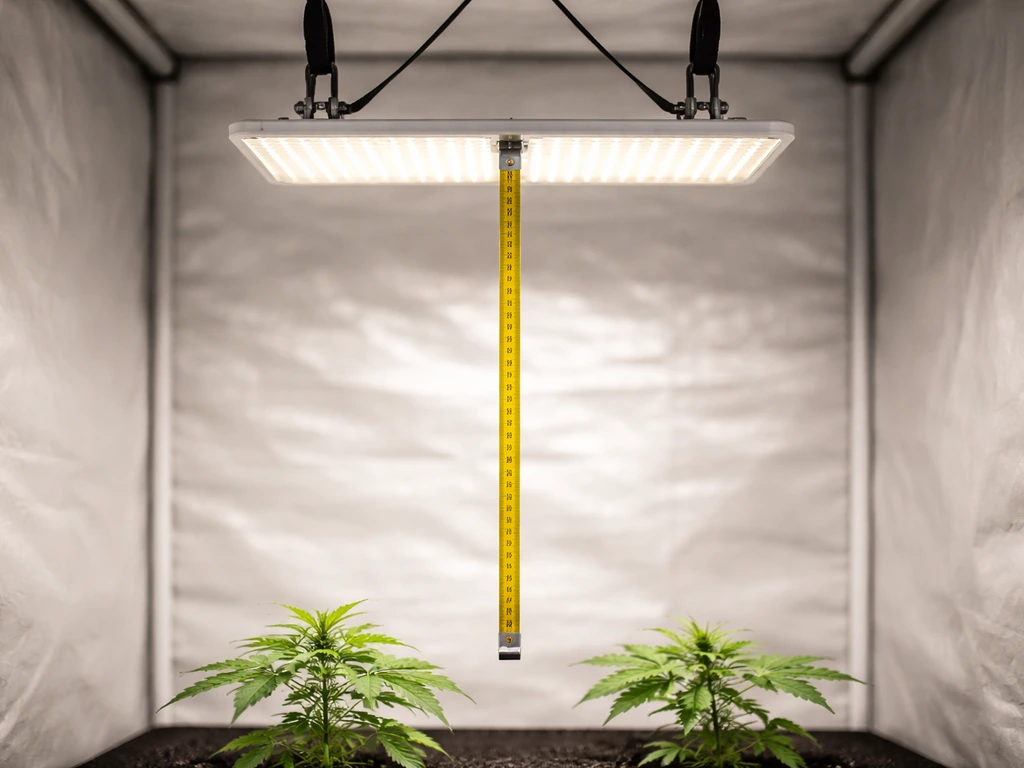Quantum board LED hangs above canopy with tape measure showing ~20 inches distance.