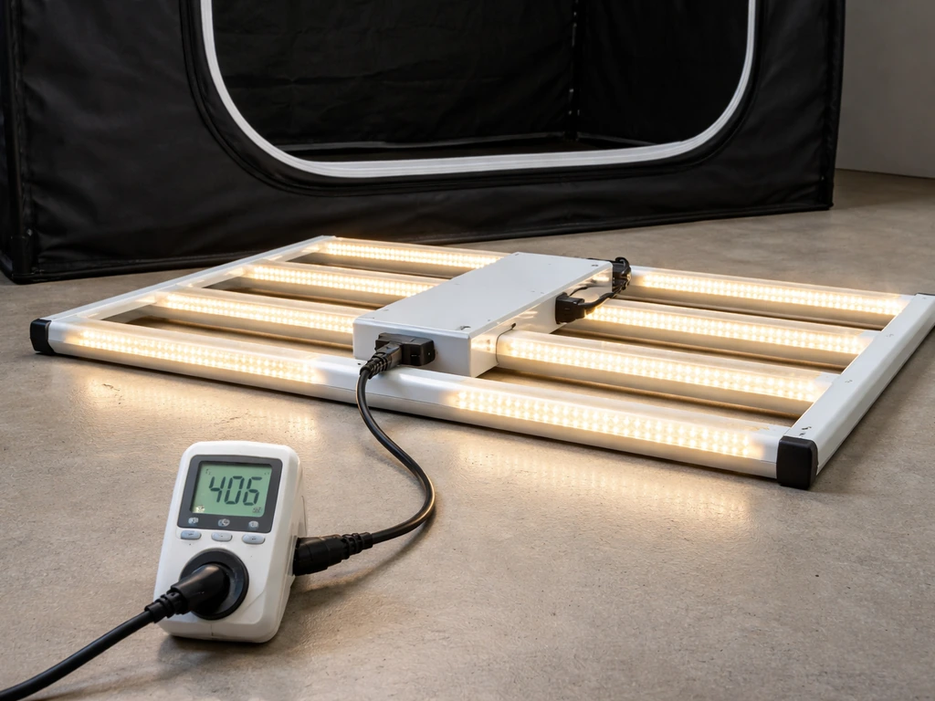 Grow light next to a digital power meter showing wall power draw, with an unlit empty grow tent background.