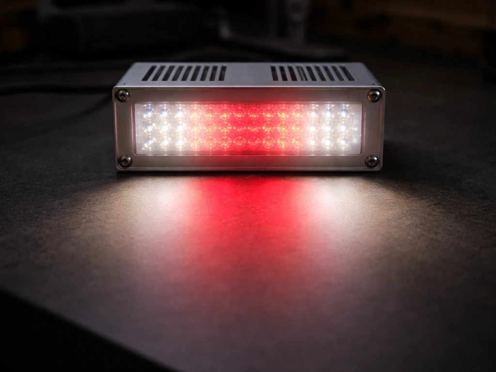 Close-up of an LED grow light emitting cool white with a highlighted deep red glow area.