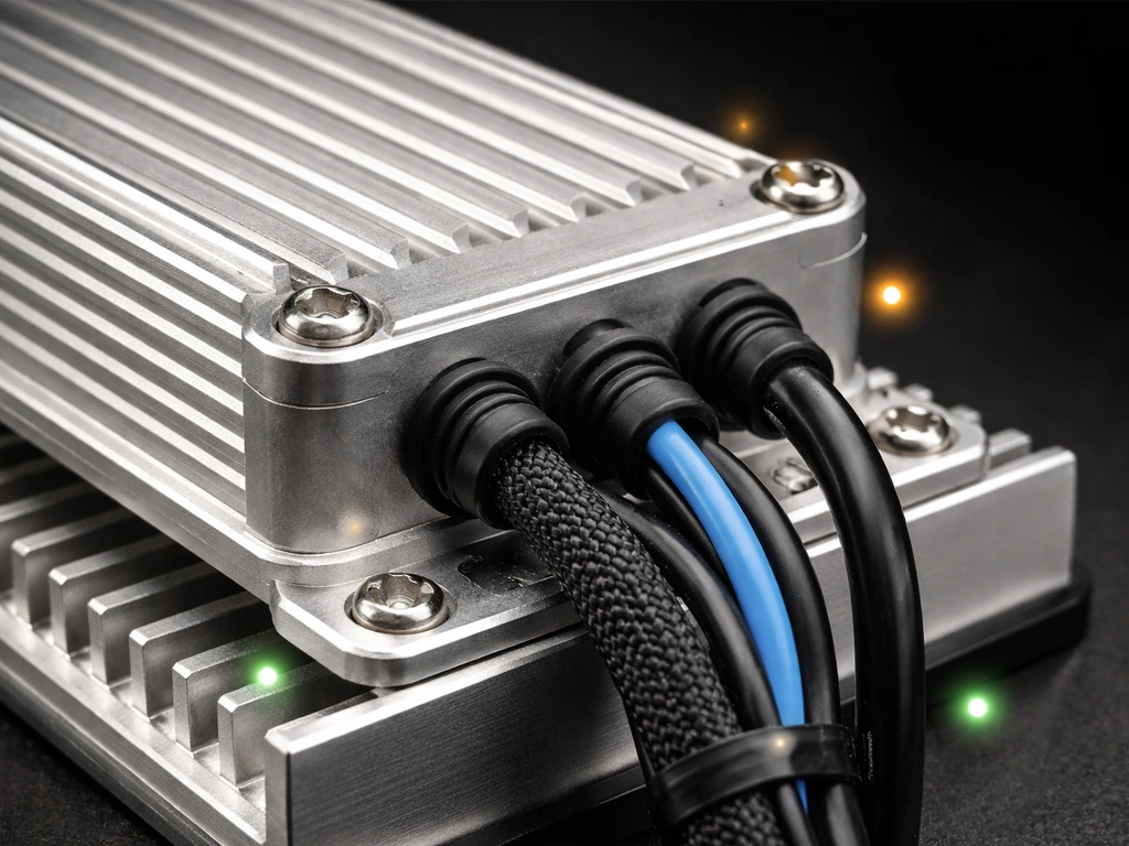 Close-up of a grow light power driver and wiring, showing rugged build and protective casing.