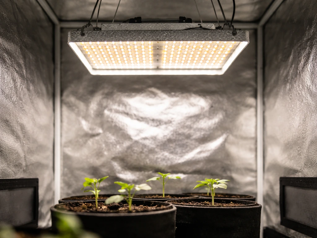 Mars Hydro TS 1000 LED grow light mounted over a small 2x2 seedling canopy in a tent.