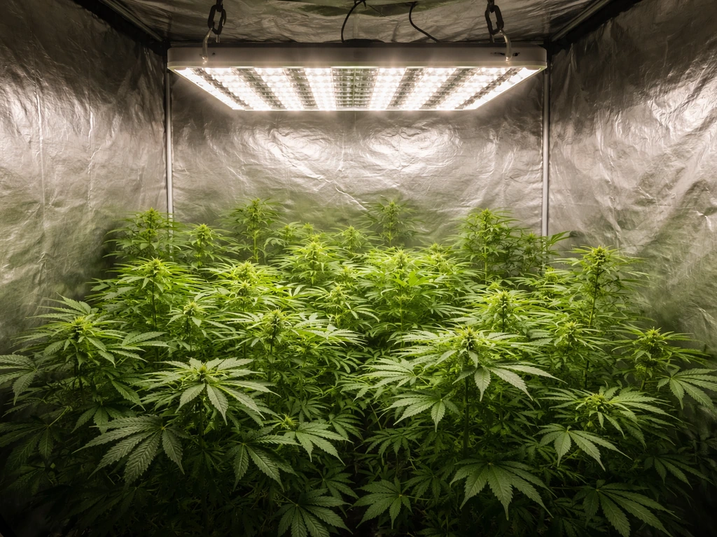 Generic LED grow light overhead in a 4x4 tent, lush green plants with full canopy coverage.