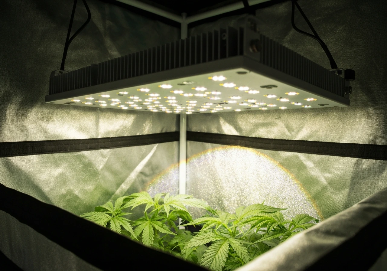 Close-up of a 150W LED grow light hanging over a small indoor grow tent canopy