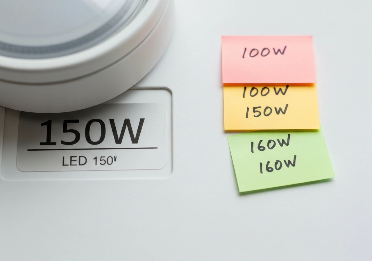 Close-up of an LED label marked 150W beside three note cards showing 100W, 150W, 160W ranges.