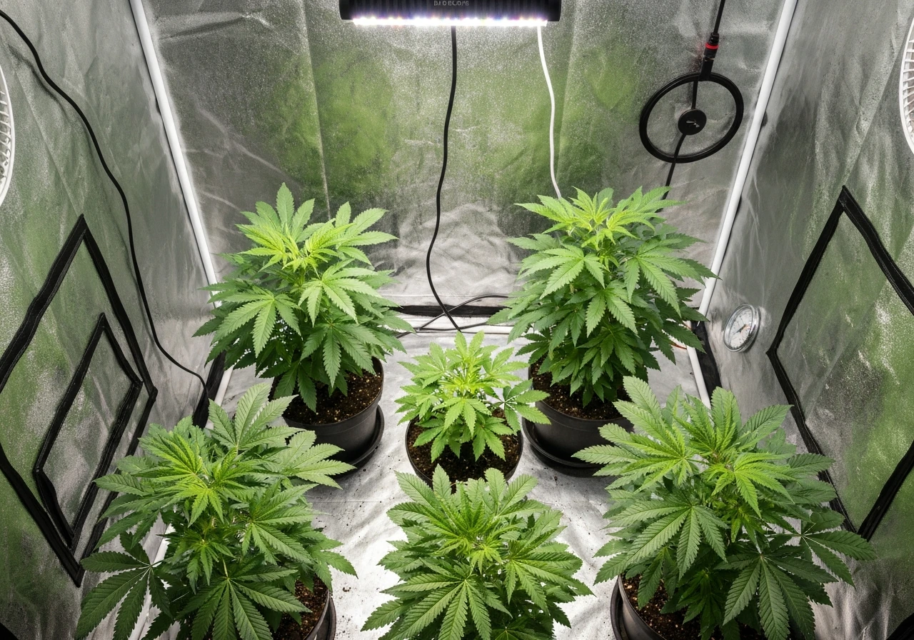 Overhead view of a 3x3 grow tent canopy with young green plants under a dim LED, edges less bright.