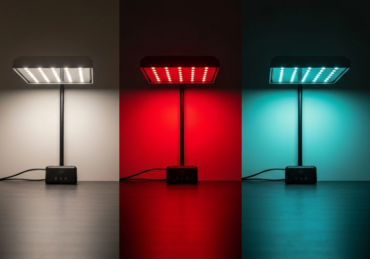 Three identical LED grow lights side by side with distinct full-spectrum, red-heavy, and veg color casts