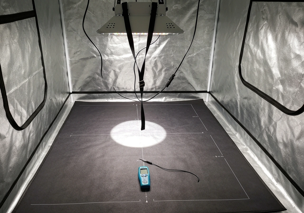 Grow tent with an LED light suspended above a canopy pad and a light meter probe for coverage testing.