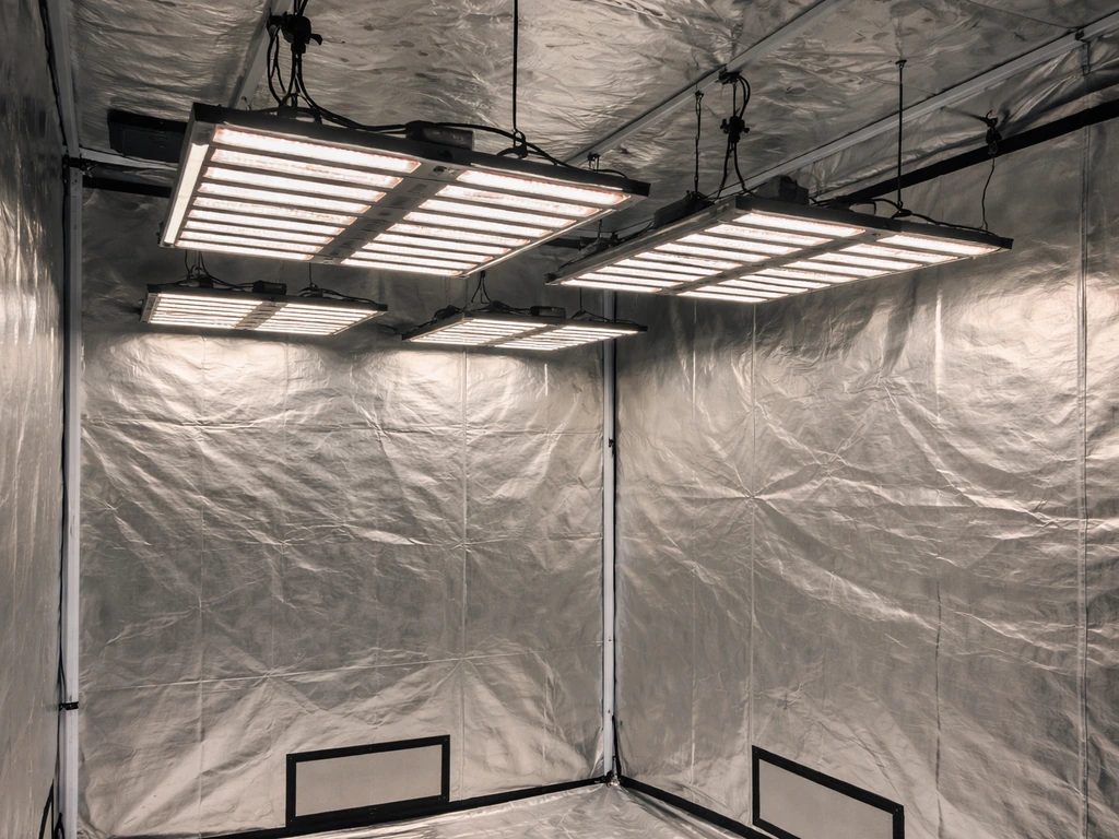 LED grow lights mounted over an indoor grow tent, reflecting off the tent walls with even canopy lighting.