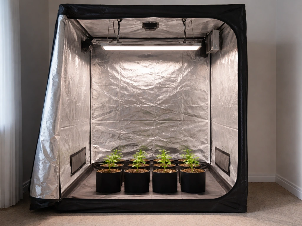 Small grow tent with evenly distributed LED bar lights and bright reflective canopy from edges to center