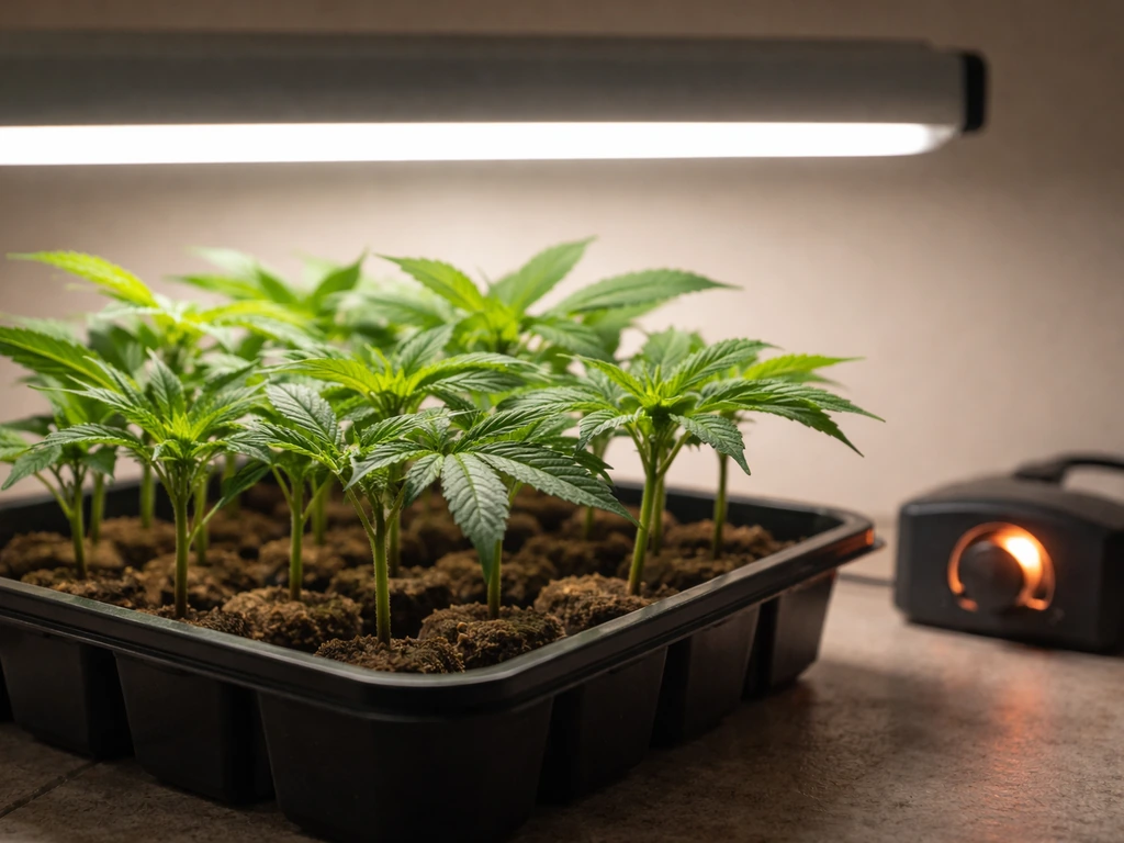 Close-up of seedlings under a low setting grow light with a dimmable controller beside the tray.
