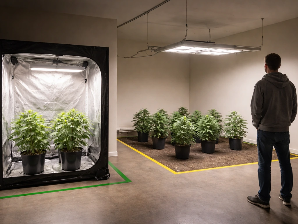 Two grow spaces: a small tent looks overlit while a larger room is dim under a light.