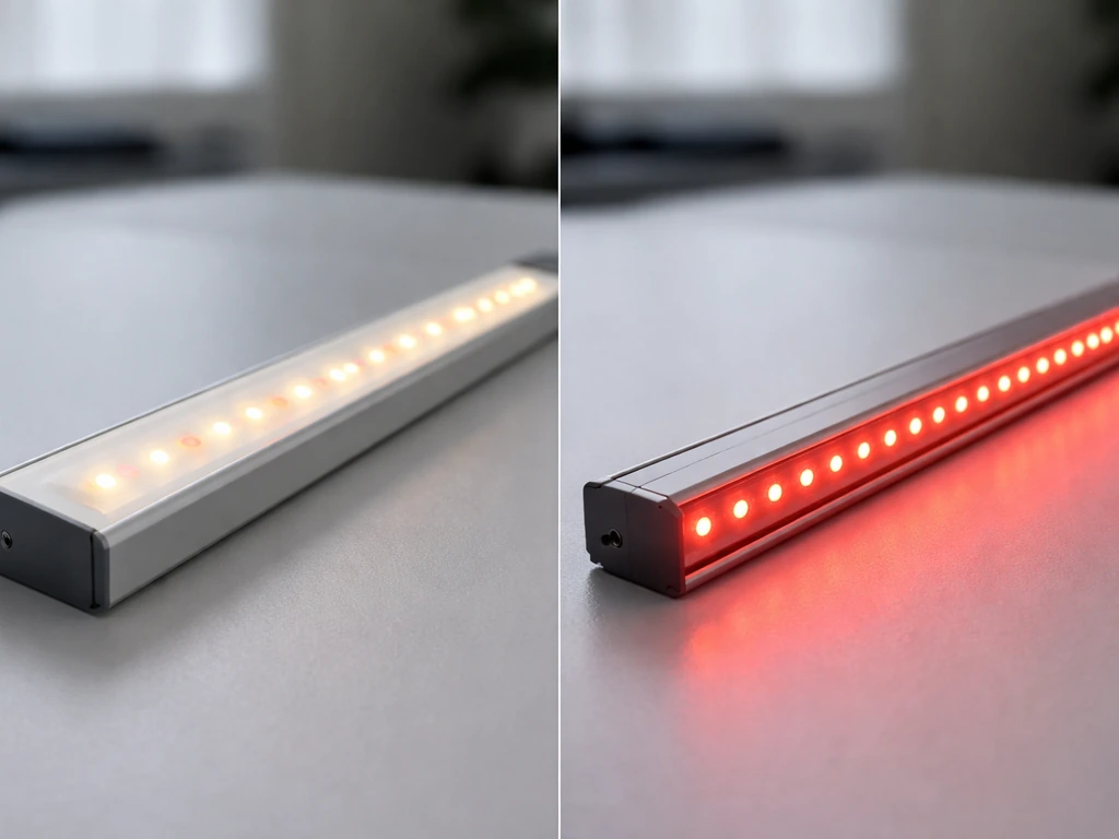 Split photo showing a broad-spectrum white LED module next to a red supplementation LED bar on a clean bench.
