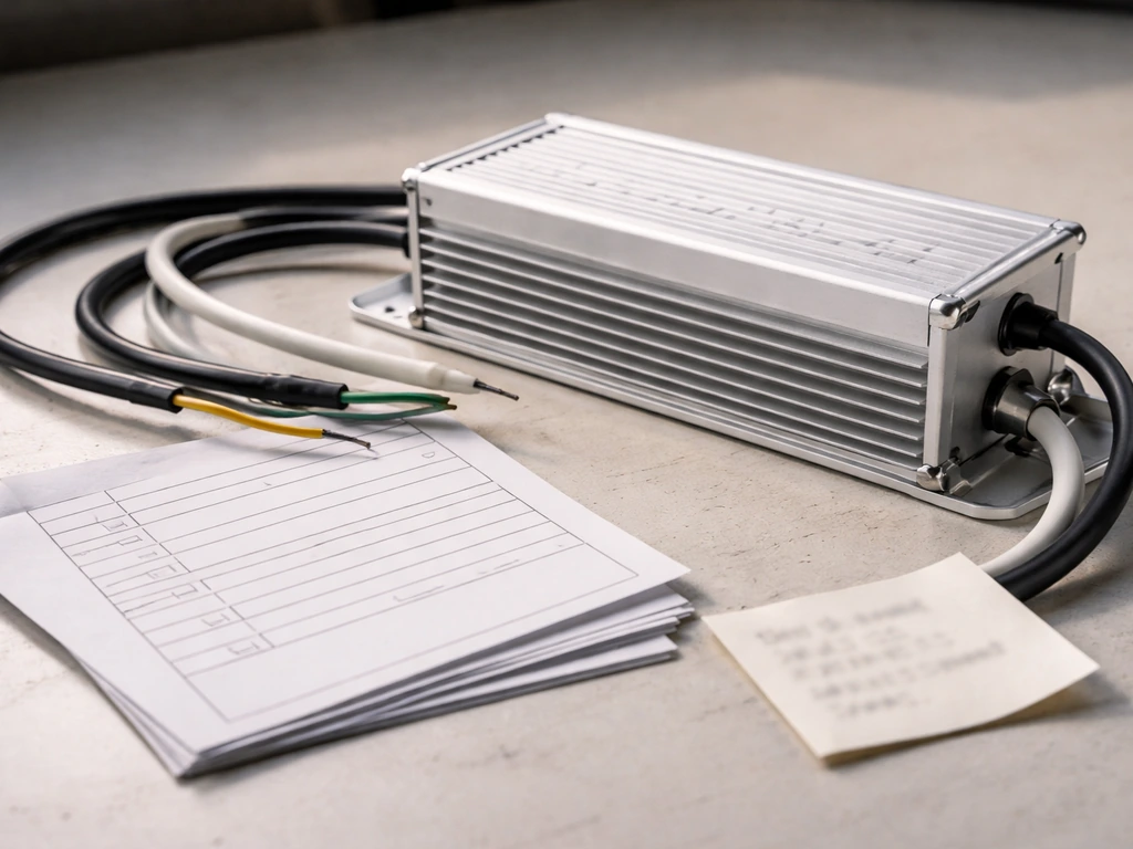 Close-up of an LED driver and heatsink beside blank spec checklist papers on a workbench.