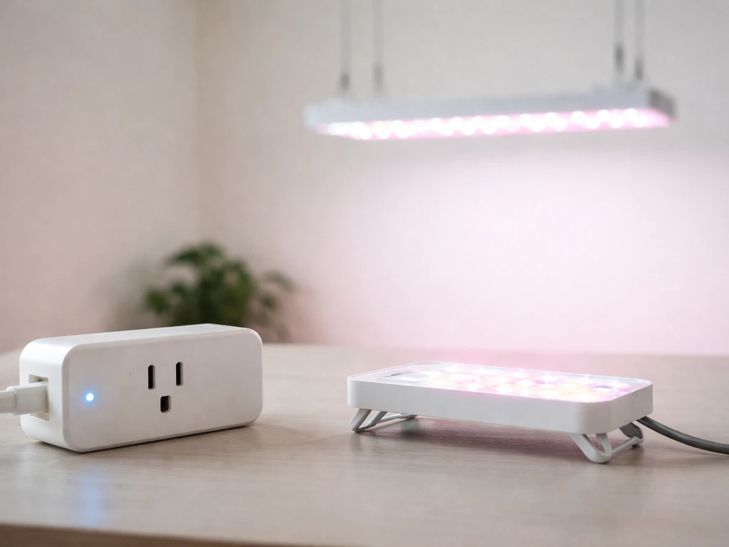 Smart plug beside an LED grow light in a minimal indoor setup, suggesting power use vs lighting setup cost.