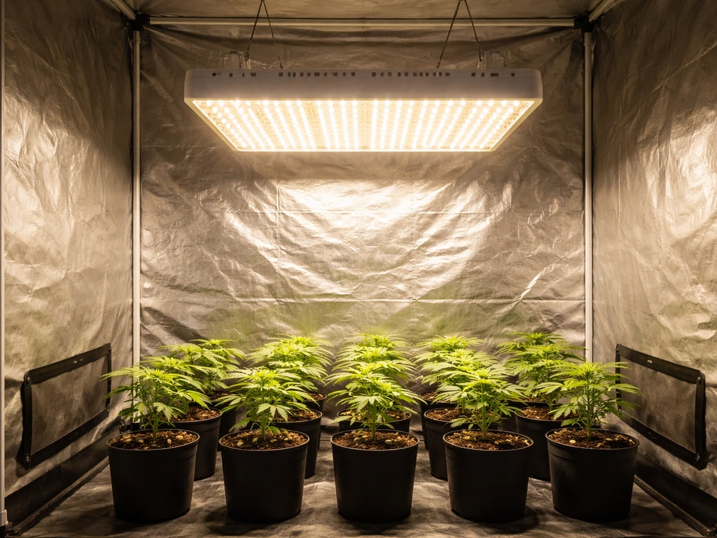 Indoor grow tent with a large bright LED grow light above healthy seedlings, no branding or watt labels.
