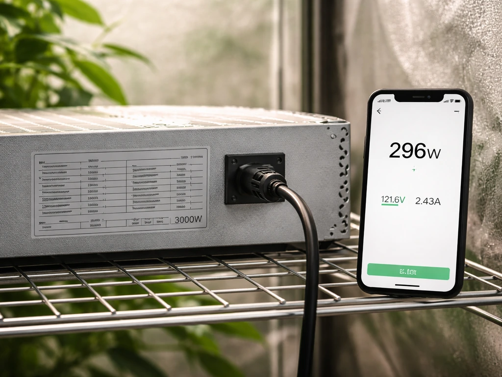 Close-up of an LED grow light label next to a smart plug power reading to contrast marketing vs wall draw.