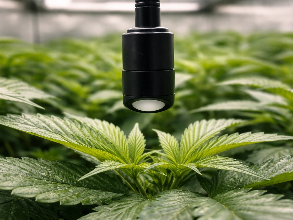 Handheld PPFD meter probe hovering above green plant leaves in a grow room.