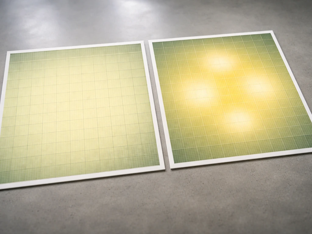 Two side-by-side light-distribution panels: even coverage on the left, hotspots and dim edges on the right.