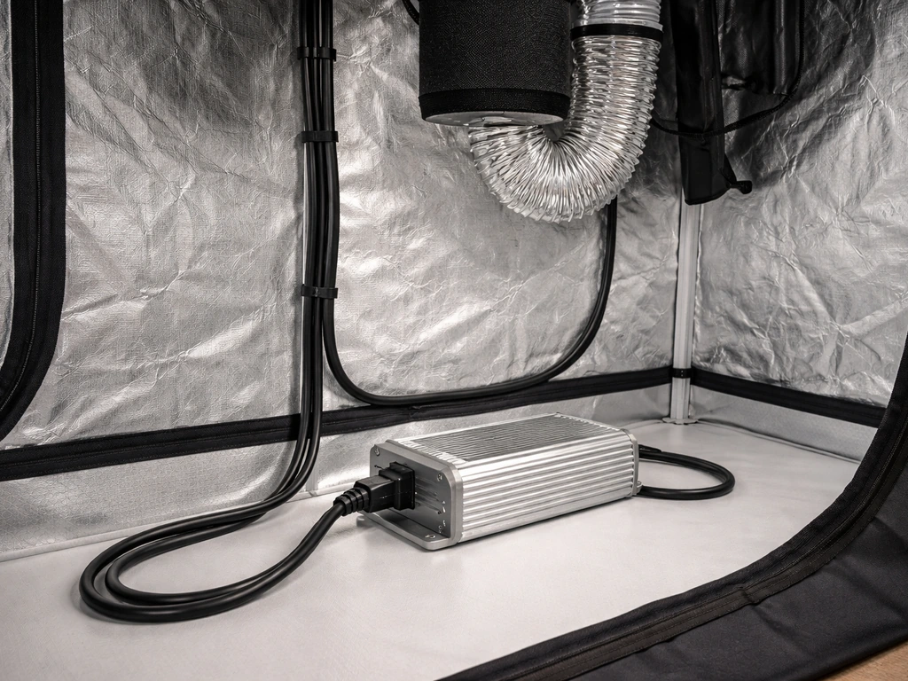 LED grow light driver/control unit with routed grounded cable and clear ventilation in a grow tent setup.