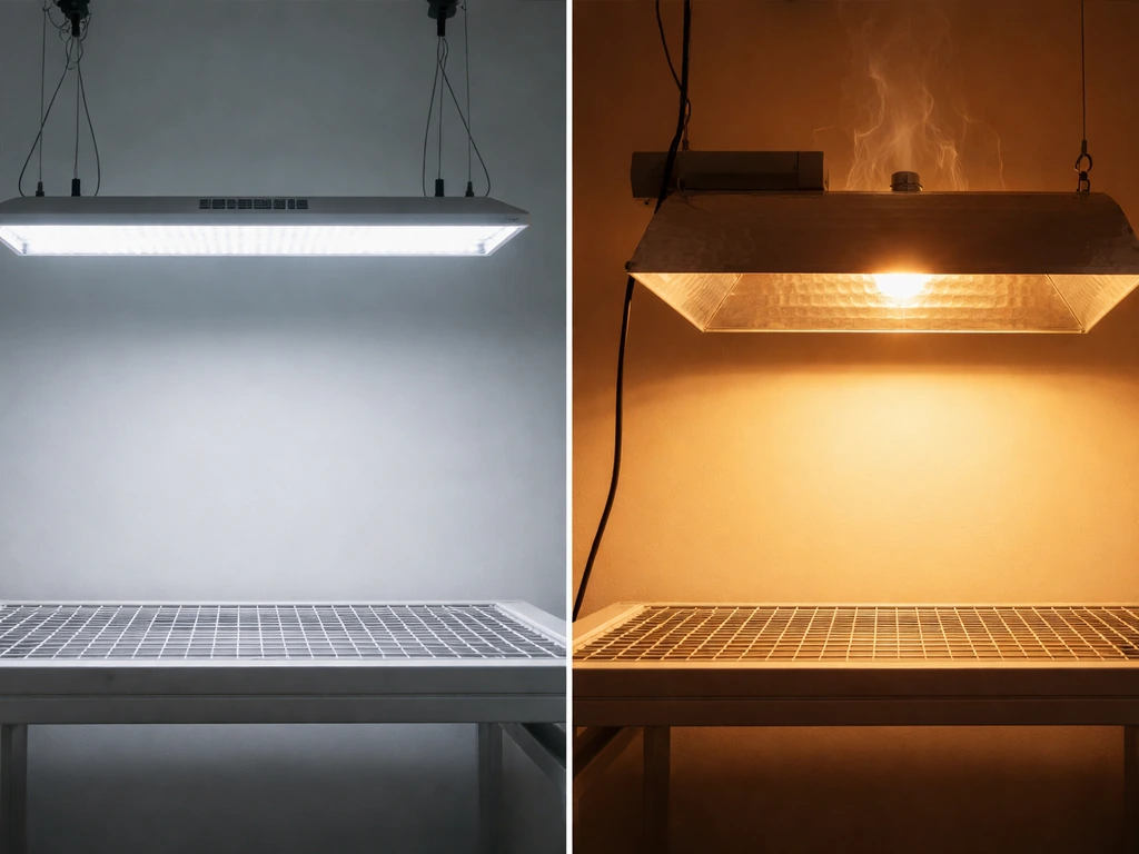 Minimal scene comparing a cool LED fixture versus a hotter amber HPS/CMH reflector lamp.