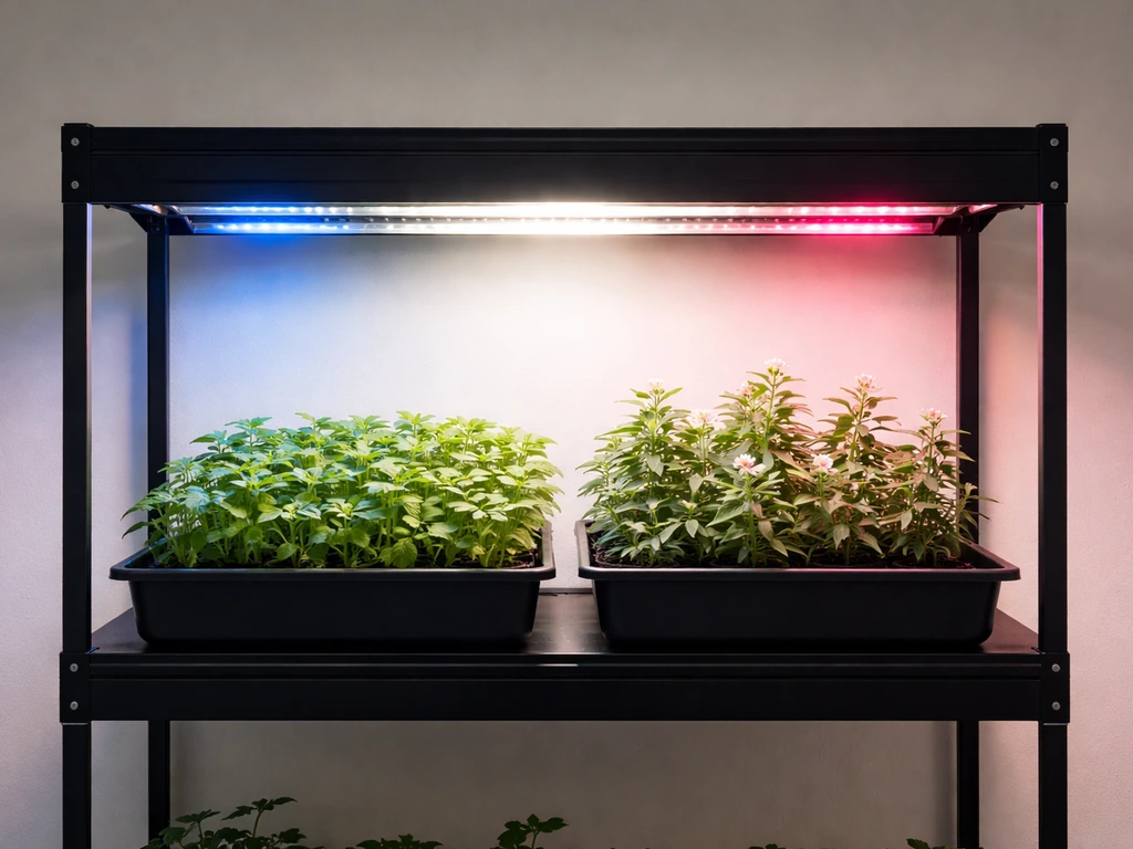 Minimal grow light over two plant trays, with blue-white-red light glow suggesting vegetative and flowering stages.