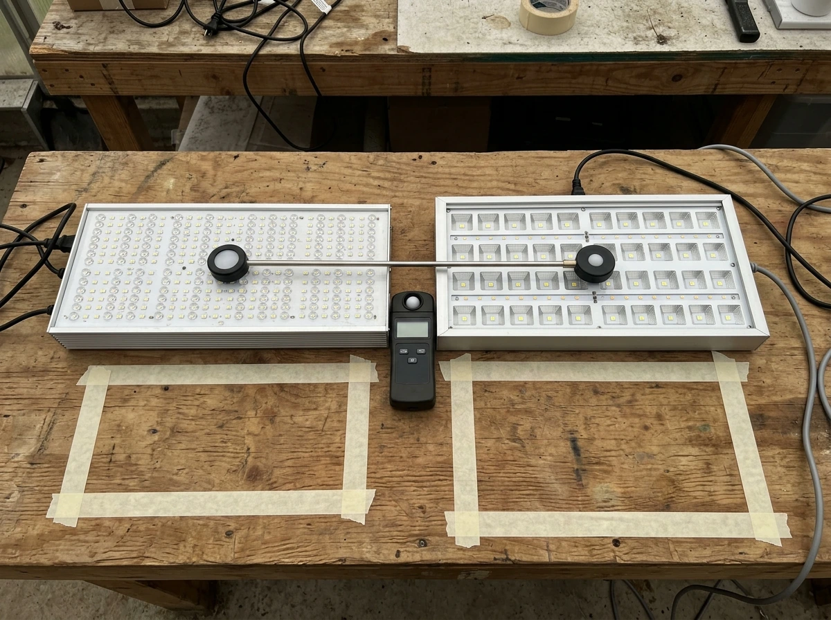 Two LED fixtures tested side-by-side to compare coverage footprints.
