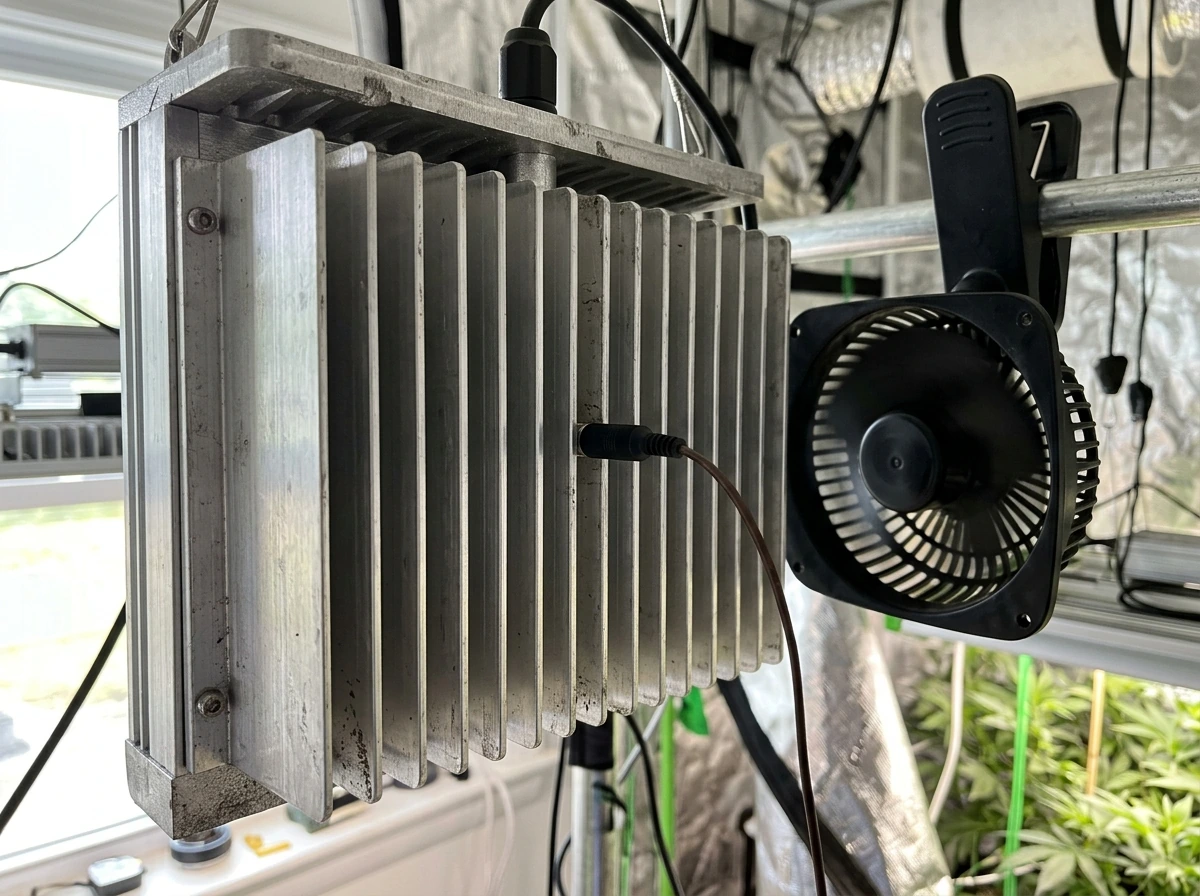 Inspecting heatsink temperature and airflow on an LED grow light.