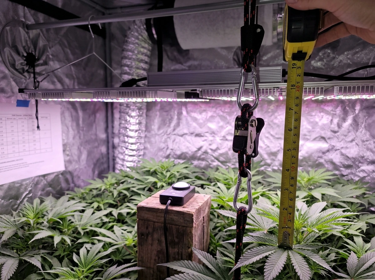 Measuring mounting height above the canopy for proper PPFD.