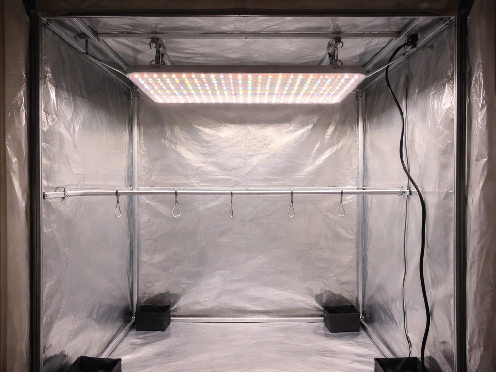Minimal grow tent in the UK with an overhead full-spectrum LED grow light glowing brightly.