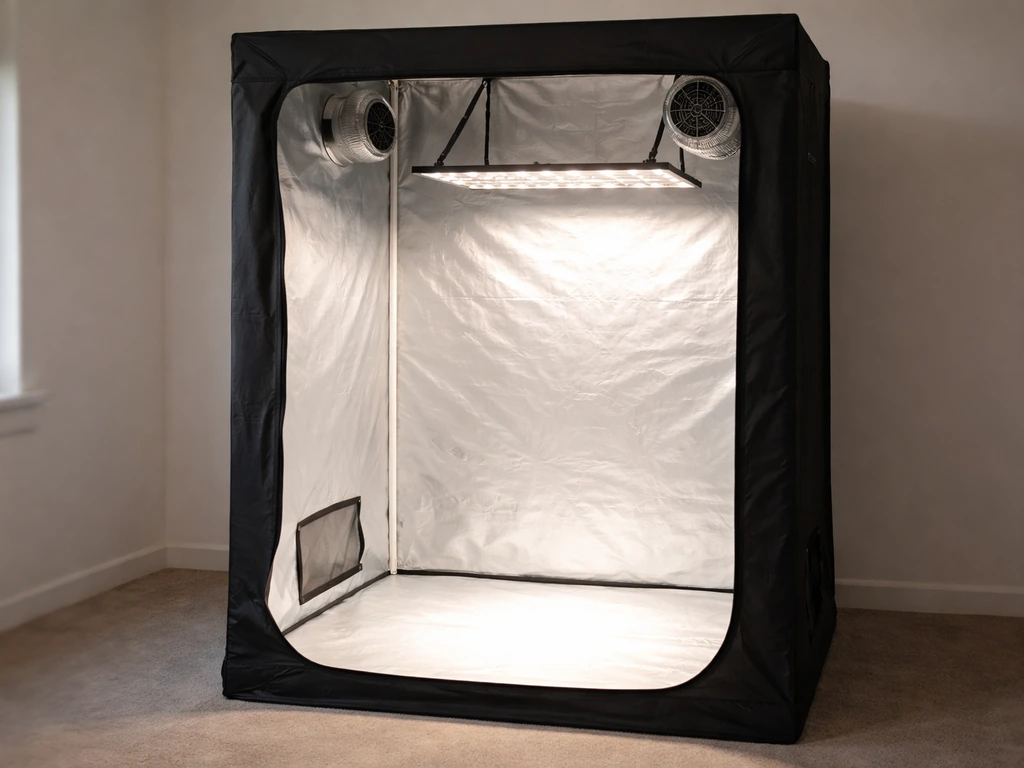 Grow tent with LED light mounted inside, showing an even coverage footprint on the floor.