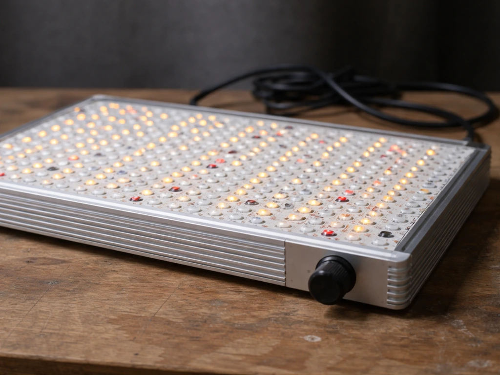 Close-up of a full-spectrum LED grow light panel with visible diode layout and a simple dimmer knob.