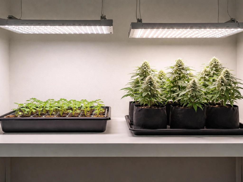 Side-by-side seedlings and flowering plants under LED lights at different distances and brightness.