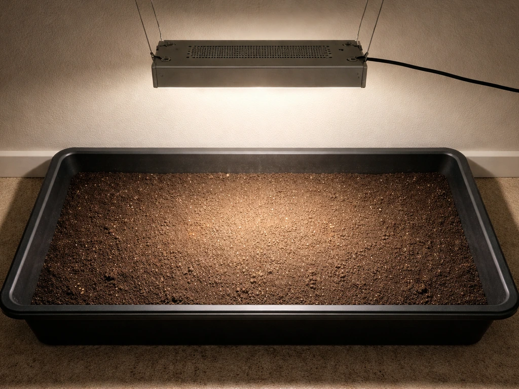 Top-down view of a grow footprint under an LED light, bright center fading toward the edges.