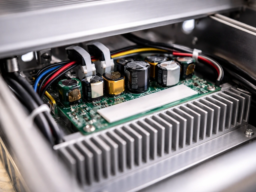 Close-up of an LED grow light internals showing the driver board and heatsink heat path.