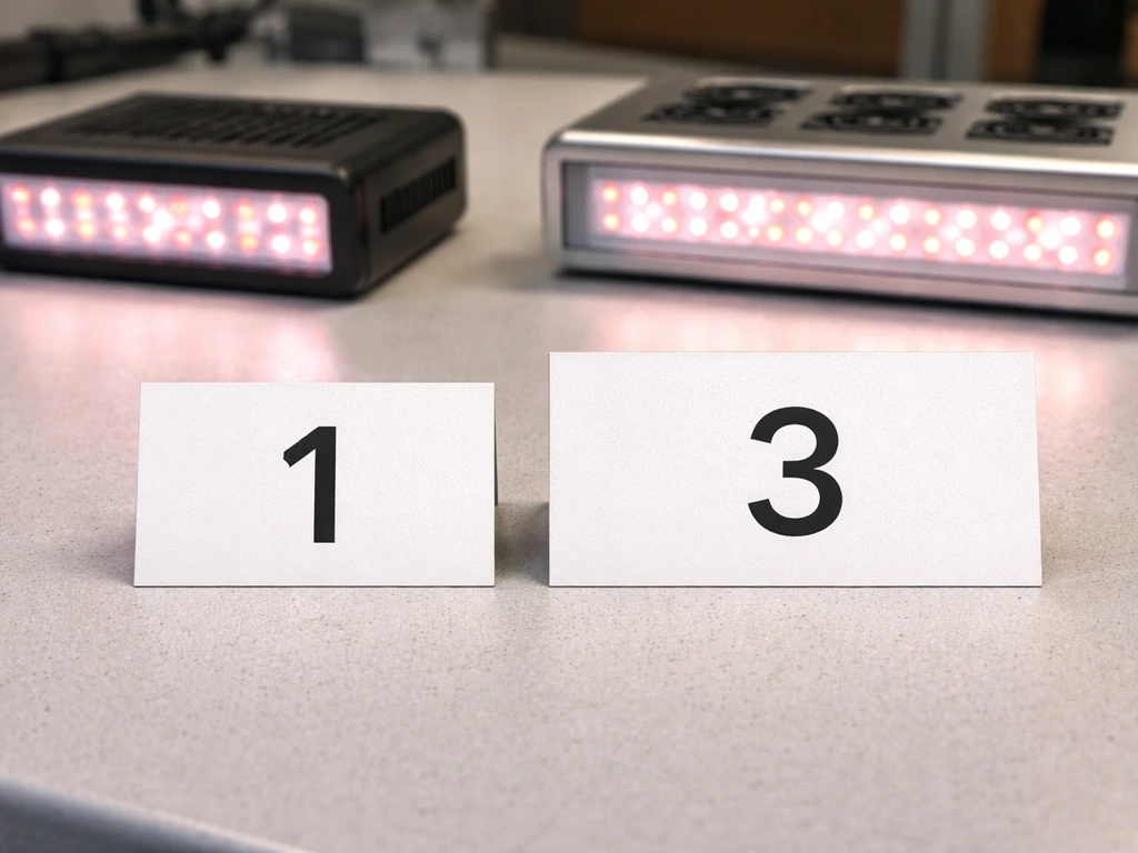 Two warranty-style labels on a workbench beside basic vs premium grow lights, suggesting short vs longer coverage.