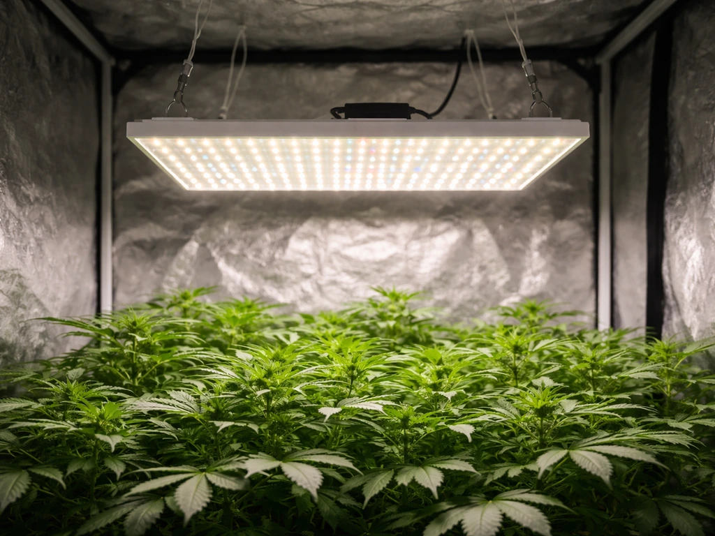 Low-watt LED grow light glowing over a small indoor grow tent canopy with even coverage
