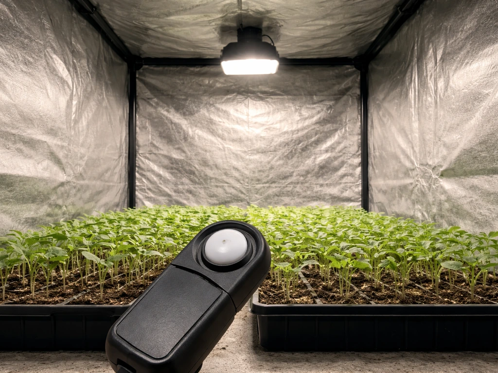 Compact LED grow light inside a small grow tent with a handheld PPFD meter measuring at canopy height.