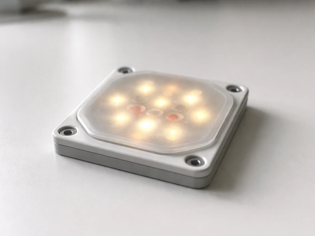 Close-up of a small LED lighting module with warm-white and red-tinted emitters on a clean bench.