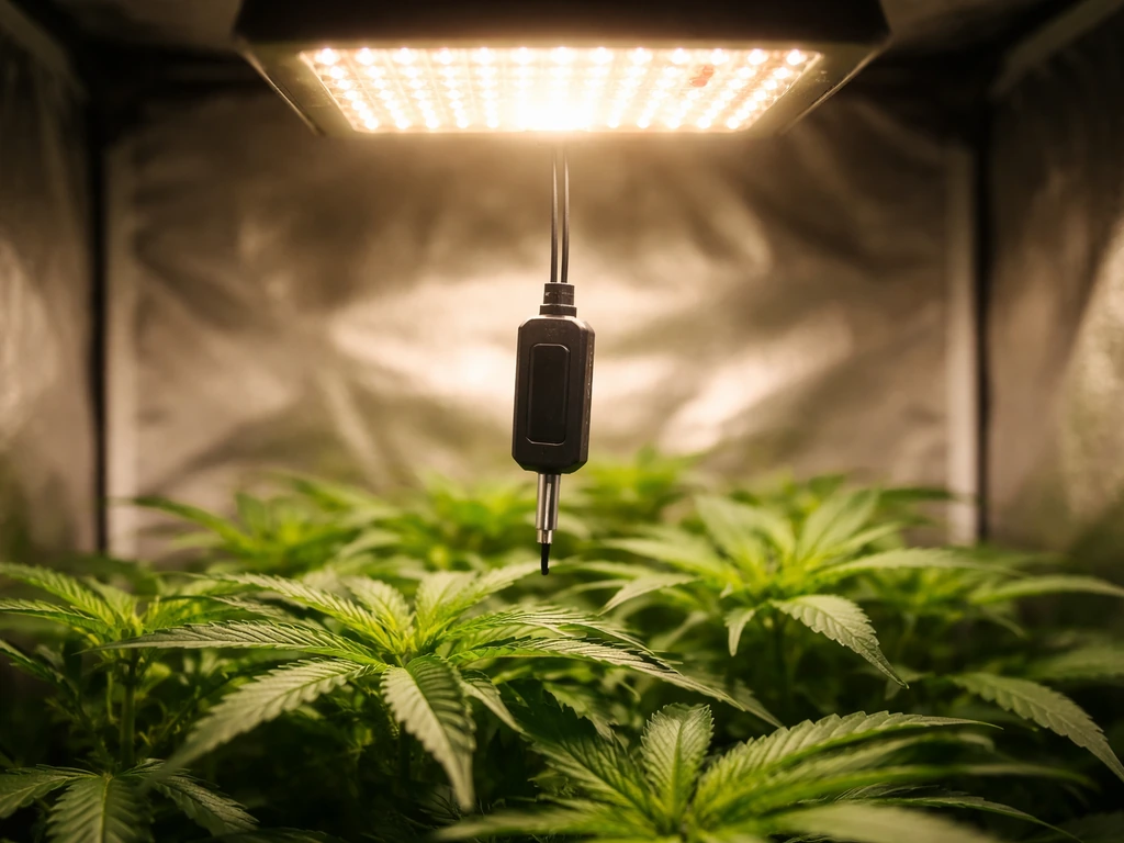 Thermometer probe near LED canopy inside a small 2x2 grow tent showing higher temperature near fixture