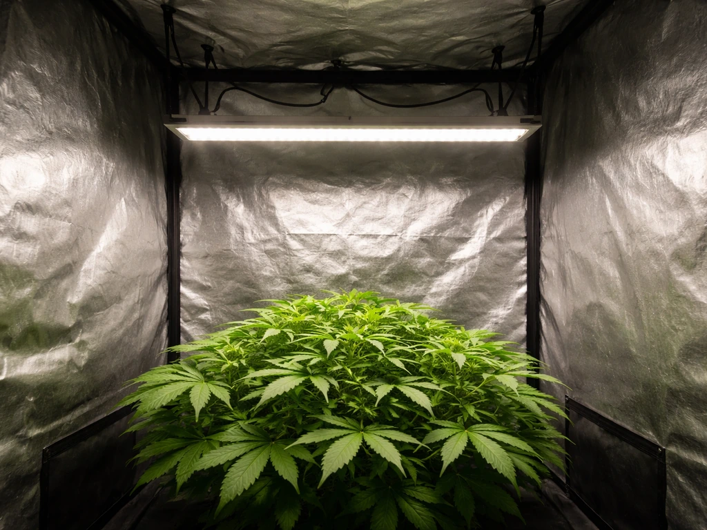 Compact LED light fixture mounted in a 2x2 grow tent, evenly over a single plant canopy.