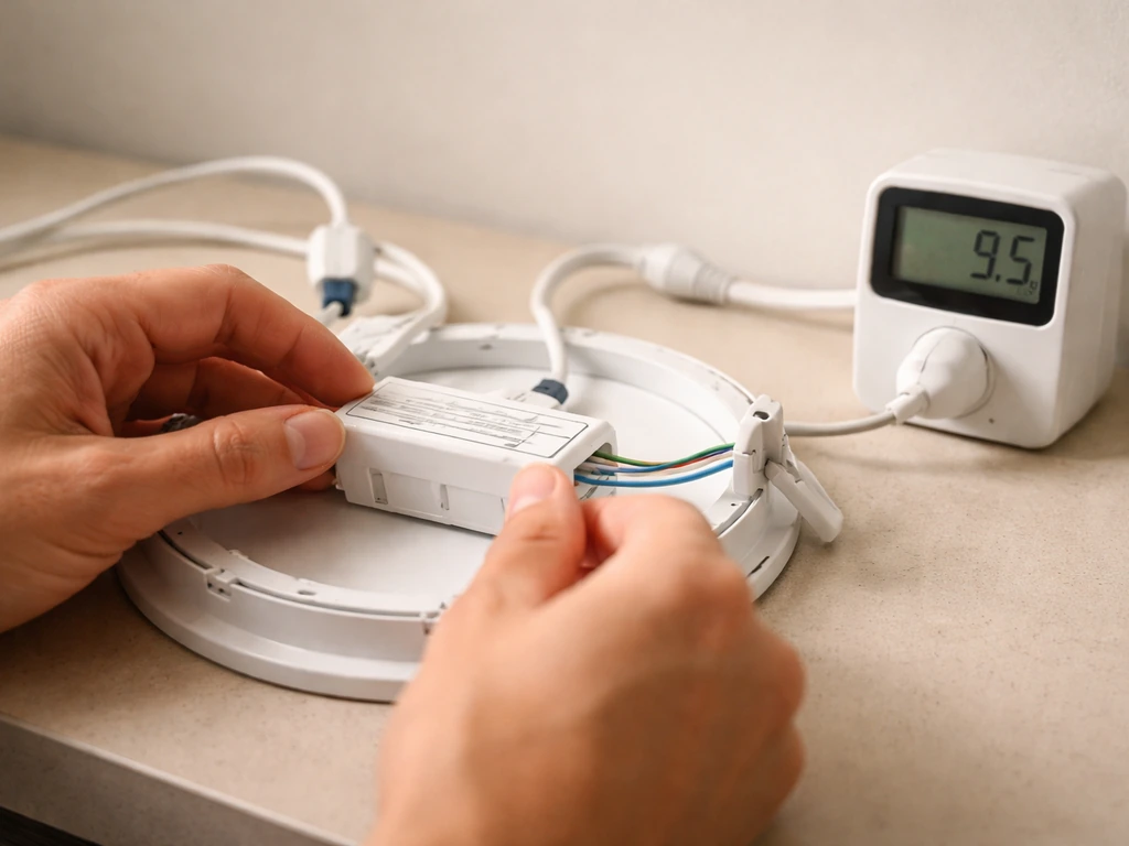 Close-up of a watt meter reading near an LED fixture while checking the driver label