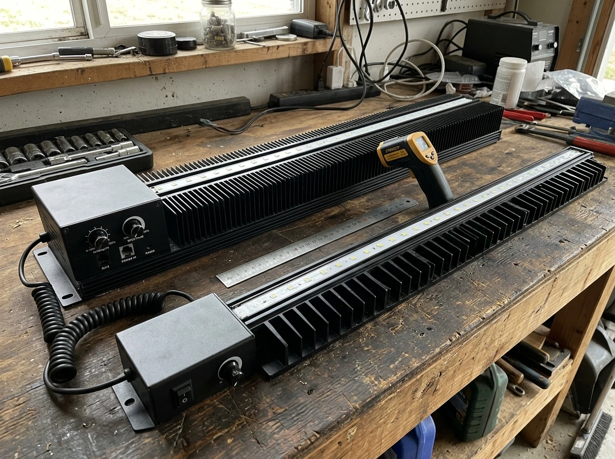 Comparing two LED grow lights on a bench with a ruler and infrared temperature check