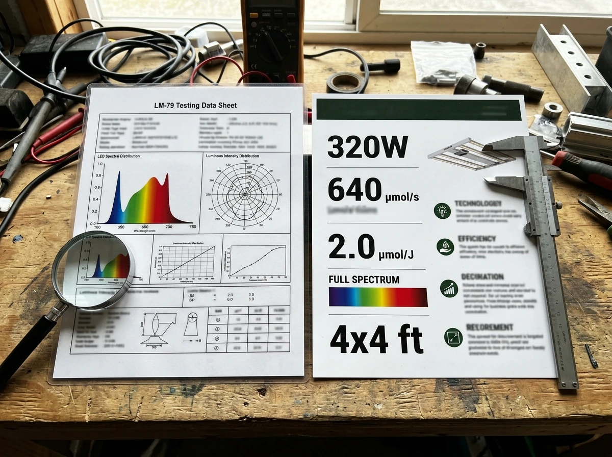LM-79 test report and fixture spec sheets beside tools for verifying LED grow light claims