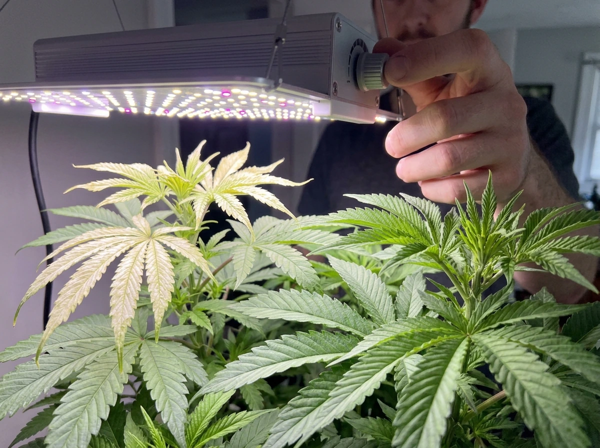 Light bleaching on leaves from excessive distance or power, corrected by dimming the LED