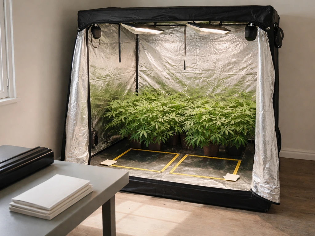 Minimal hydroponics grow tent interior with canopy size markers and wattage/PPFD cues on blank surfaces