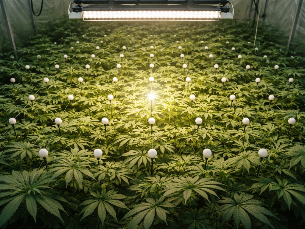 Overhead view of greenhouse canopy with spaced meter probe points showing brighter center and dimmer edges.