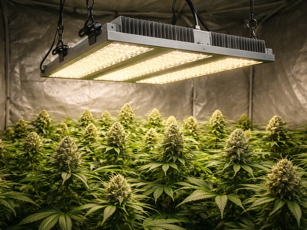 High-end 1000W LED grow light hanging over a dense flowering canopy in a grow tent