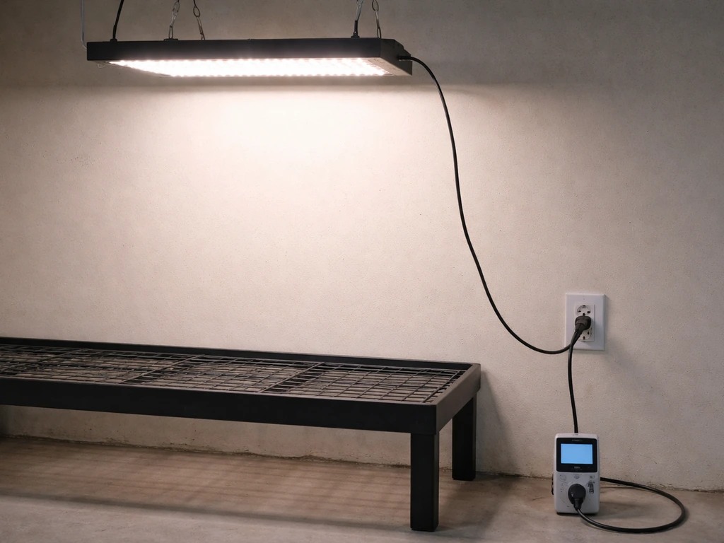 LED grow light with a plug-in power meter on the floor, illustrating misleading wattage labeling.