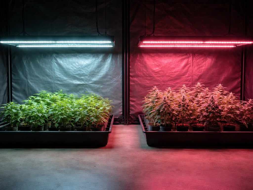 Two adjustable grow LED bars over separate plant trays, showing distinct veg and flower spectrum lighting