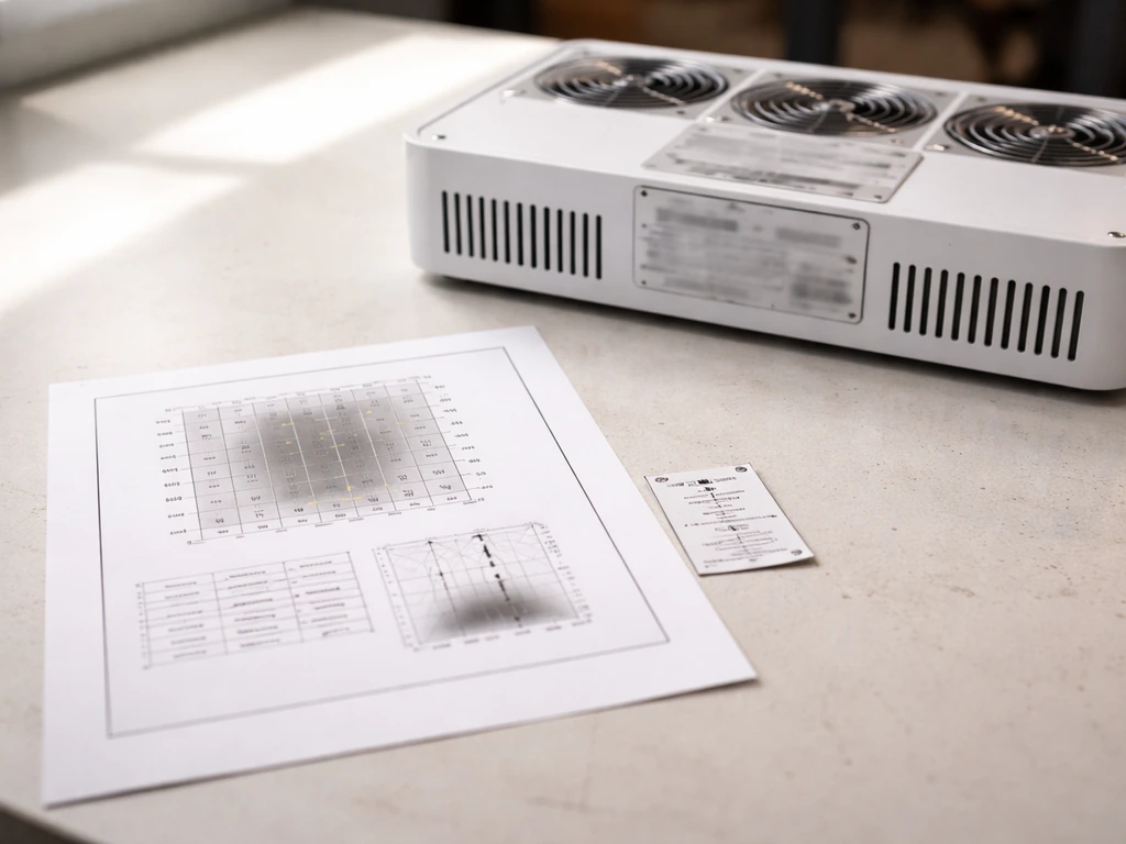 Close-up of a generic LED grow light spec sheet and PPFD map on a desk beside the fixture hang-height tag
